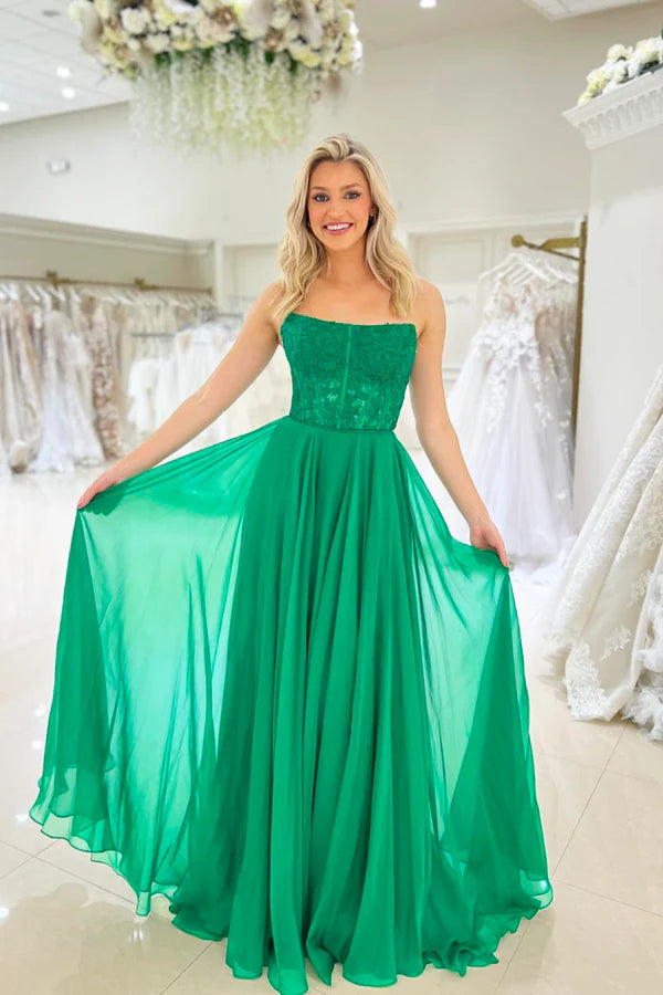 Wholesale A-Line Green Chiffon Lace Long Prom Dress Beautiful Strapless Floor Length Evening Party Dress